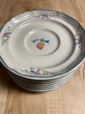 Cream stoneware saucer with Blue Trim and strawberry Motif - Set of 9